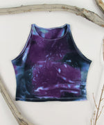 Purple + black tie dye yoga crop top by Akasha Sun.