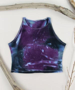 
                
                    Load image into Gallery viewer, Purple + black tie dye yoga crop top by Akasha Sun.
                
            