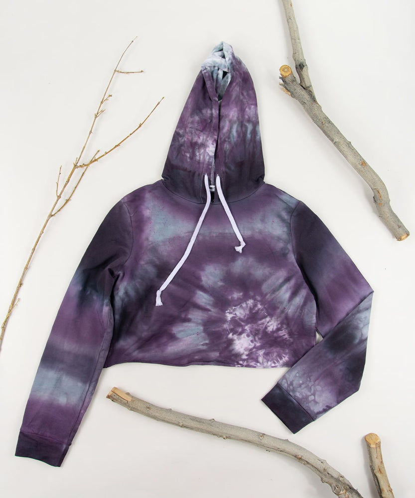 Purple, gray, and black tie dye hoodie crop top.