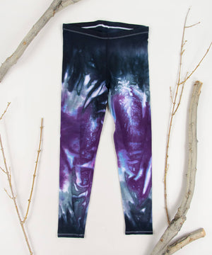 Purple and black tie dye yoga leggings by Akasha Sun.