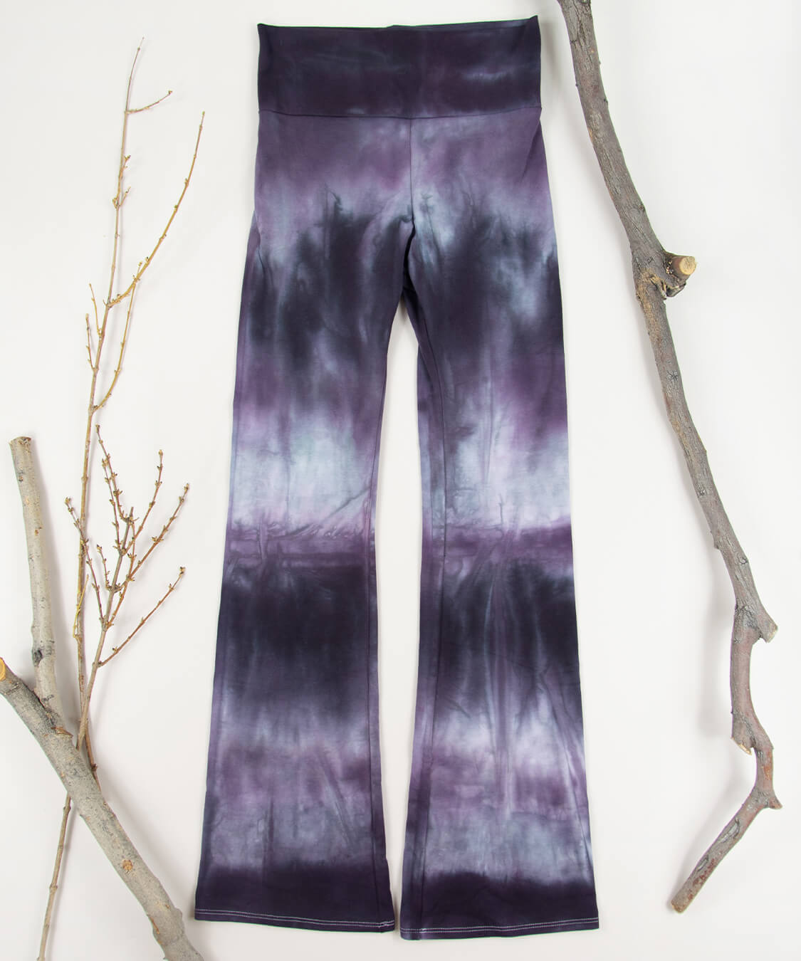 Purple and black tie dye yoga pants by Akasha Sun.