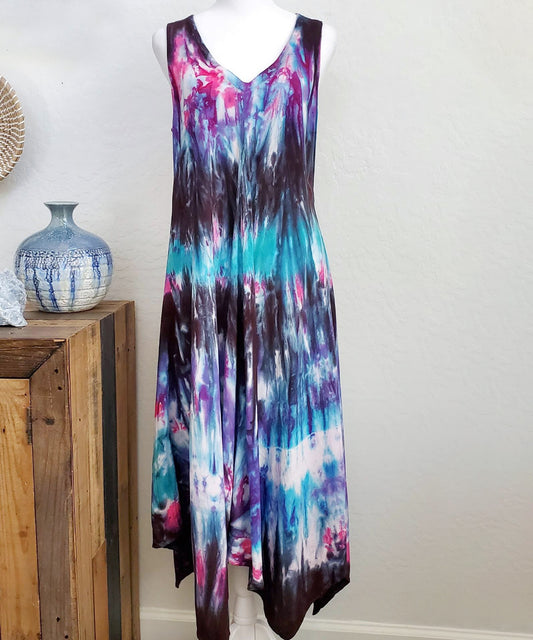 A teal, black, and purple tie dye dress.