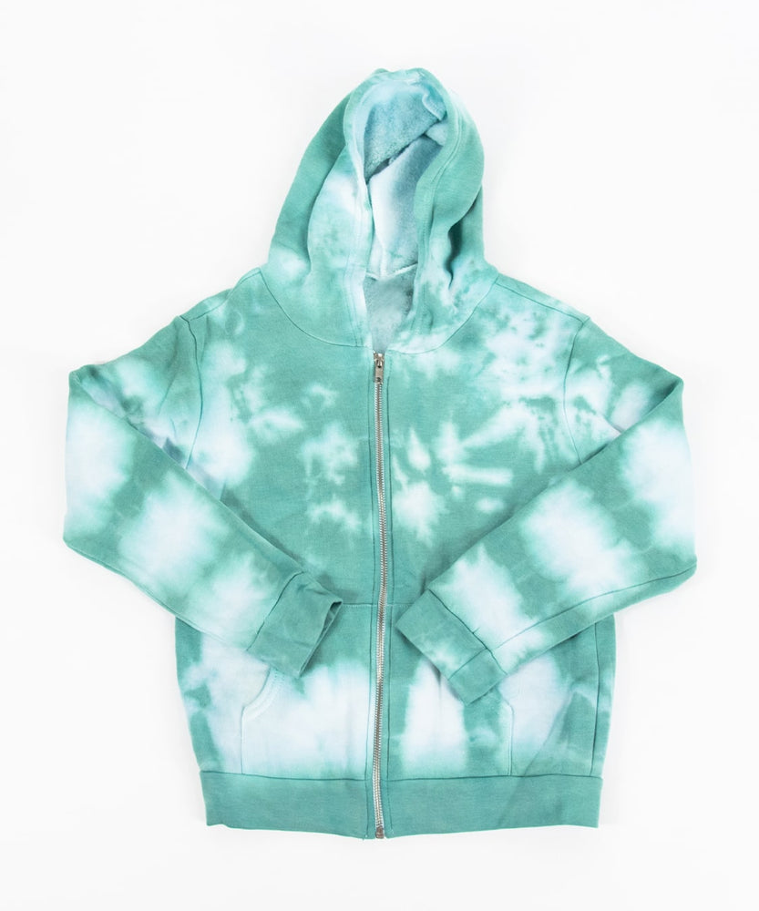 Children's tie dye jacket with a fleece interior, hood, pockets, and zipper.  The colors in the jacket are teal and white.