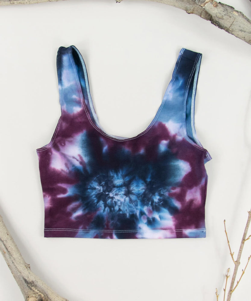 
                
                    Load image into Gallery viewer, Gray, black, and burgundy tie dye crop tank by Akasha Sun.
                
            