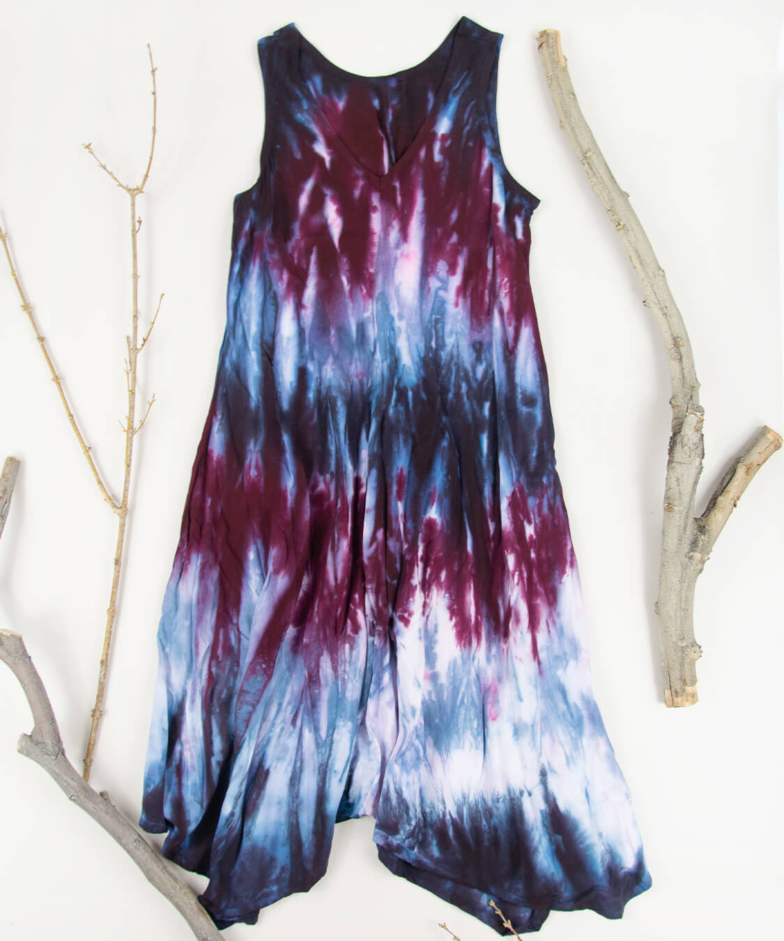 Burgundy, black, and gray tie dye dress by Akasha Sun.