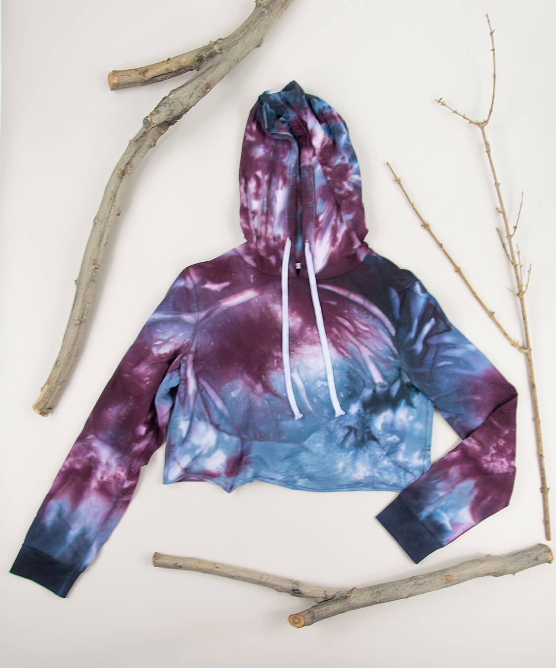 Gray, burgundy, and black tie dye hoodie crop top by Akasha Sun.