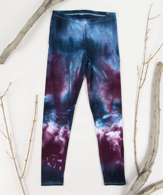 Gray, black, and burgundy tie dye yoga leggings by Akasha Sun.