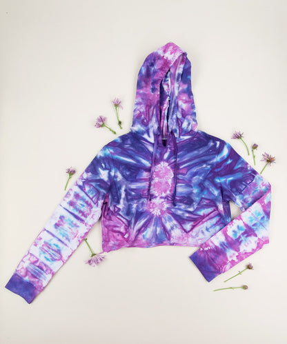 Purple and pink tie dye hoodie crop top by Akasha Sun.