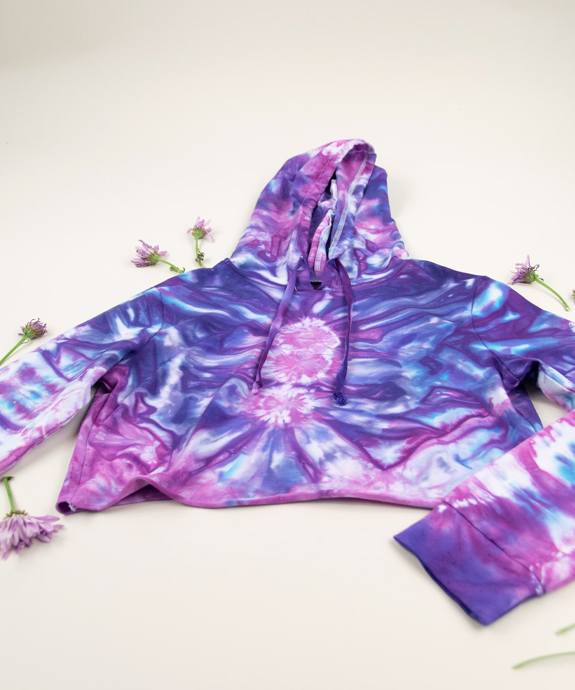 Purple and pink tie dye hoodie crop top by Akasha Sun.