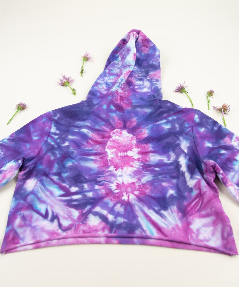 Purple and pink tie dye hoodie crop top by Akasha Sun.