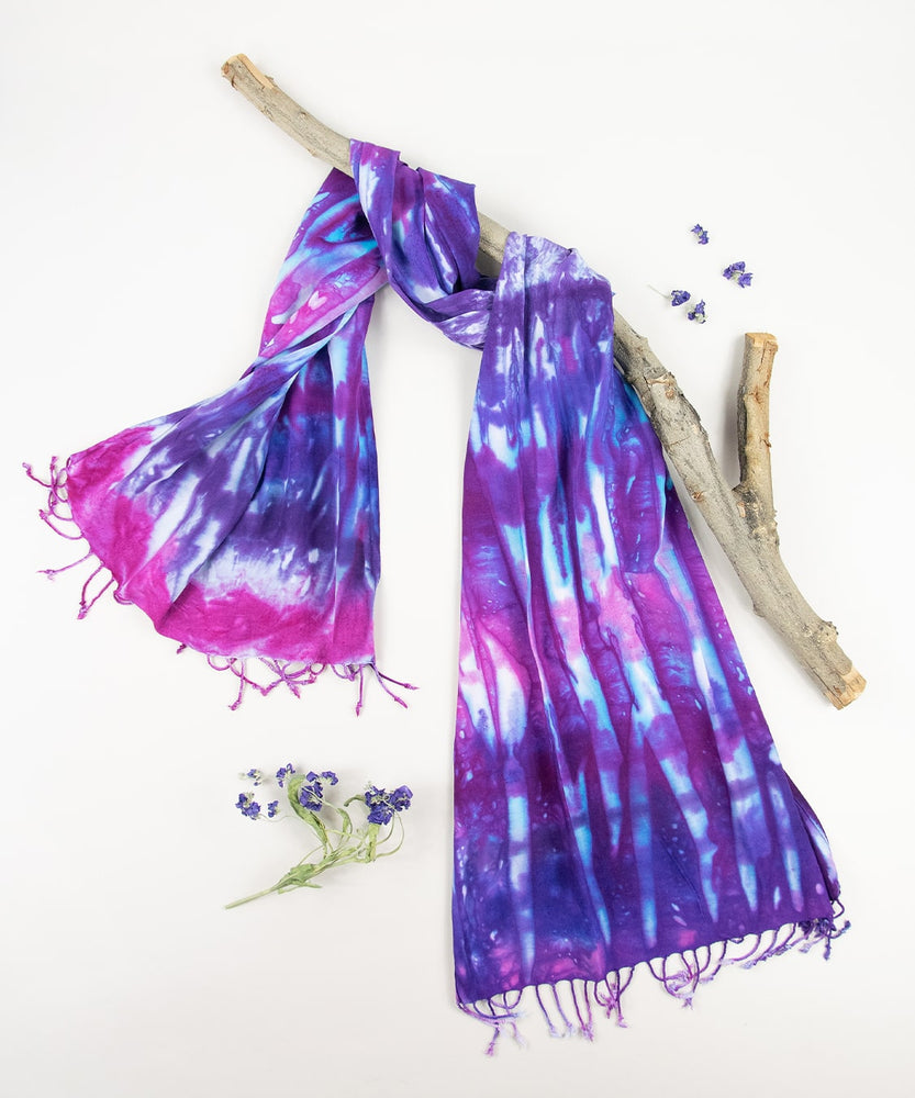 Purple and pink tie dye scarf by Akasha Sun.