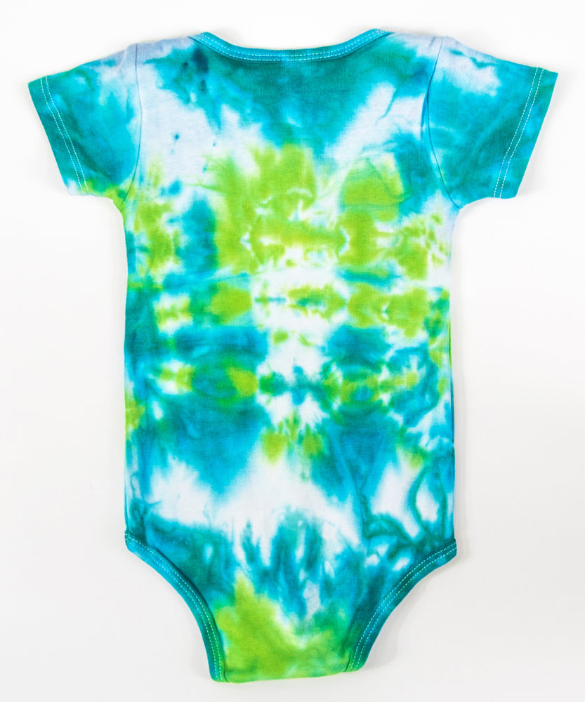 Teal and green tie dye onesie made of organic cotton.