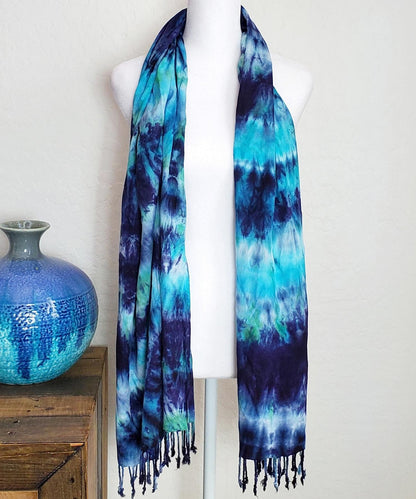 Teal and blue tie dye Scarf with fringe.