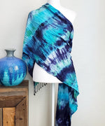 Teal and blue tie dye Scarf with fringe.