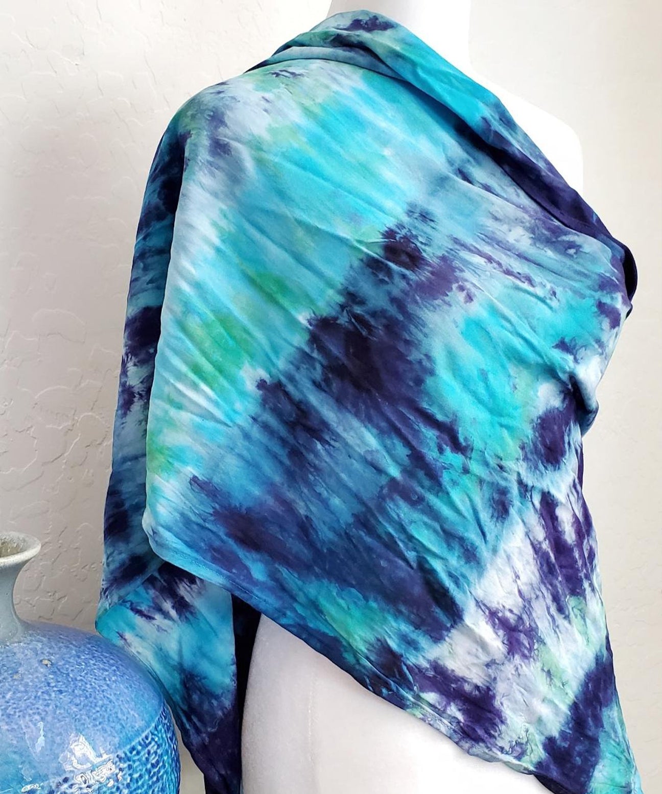 Teal and blue tie dye Scarf with fringe.