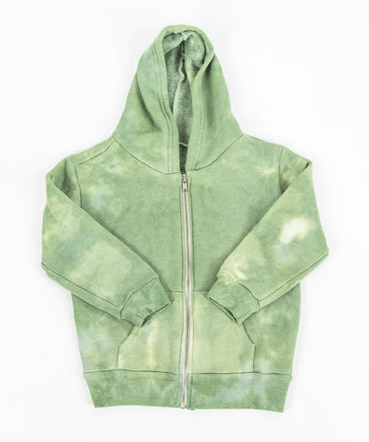 The Green Earth tie dye jacket that features a soft fleece interior, a hood, and a zipper.  The colors are a soft olive and sage green.