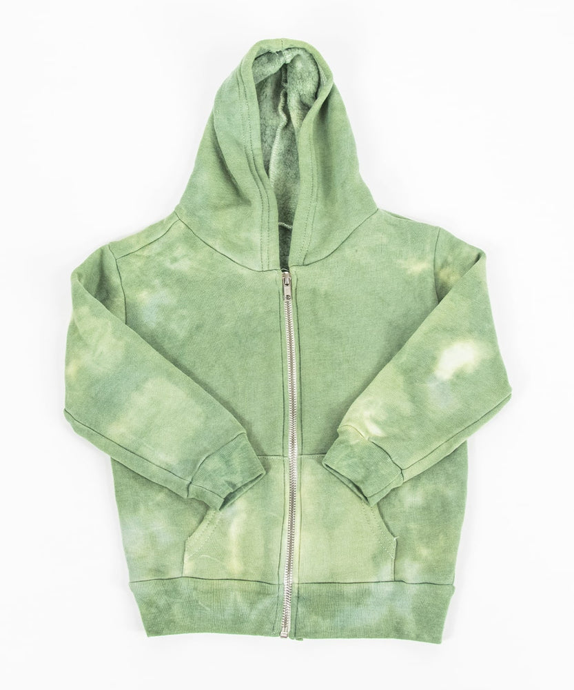 The Green Earth tie dye jacket that features a soft fleece interior, a hood, and a zipper.  The colors are a soft olive and sage green.