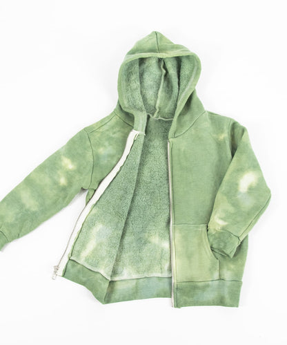 The Green Earth tie dye jacket that features a soft fleece interior, a hood, and a zipper.  The colors are a soft olive and sage green.