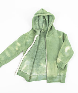 
                
                    Load image into Gallery viewer, The Green Earth tie dye jacket that features a soft fleece interior, a hood, and a zipper.  The colors are a soft olive and sage green.
                
            