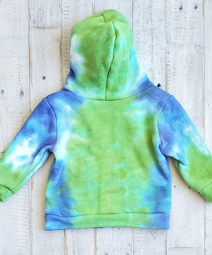 Blue and green tie dye baby zip up featuring a hood, fleece lining, and pockets.