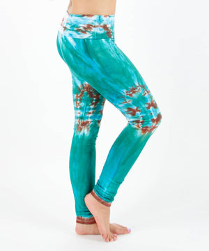 Teal tie dye fold over yoga leggings by Akasha Sun.
