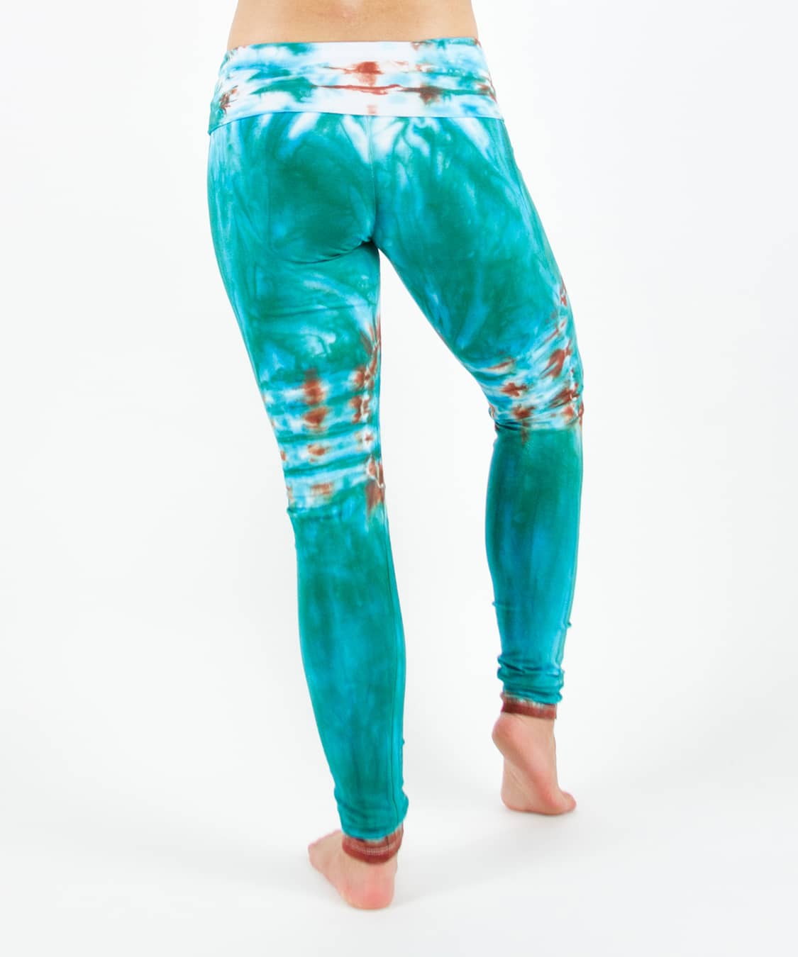 Teal tie dye fold over yoga leggings by Akasha Sun.