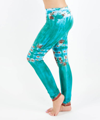 Teal tie dye fold over yoga leggings by Akasha Sun.