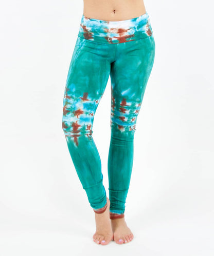 Teal tie dye fold over yoga leggings by Akasha Sun.