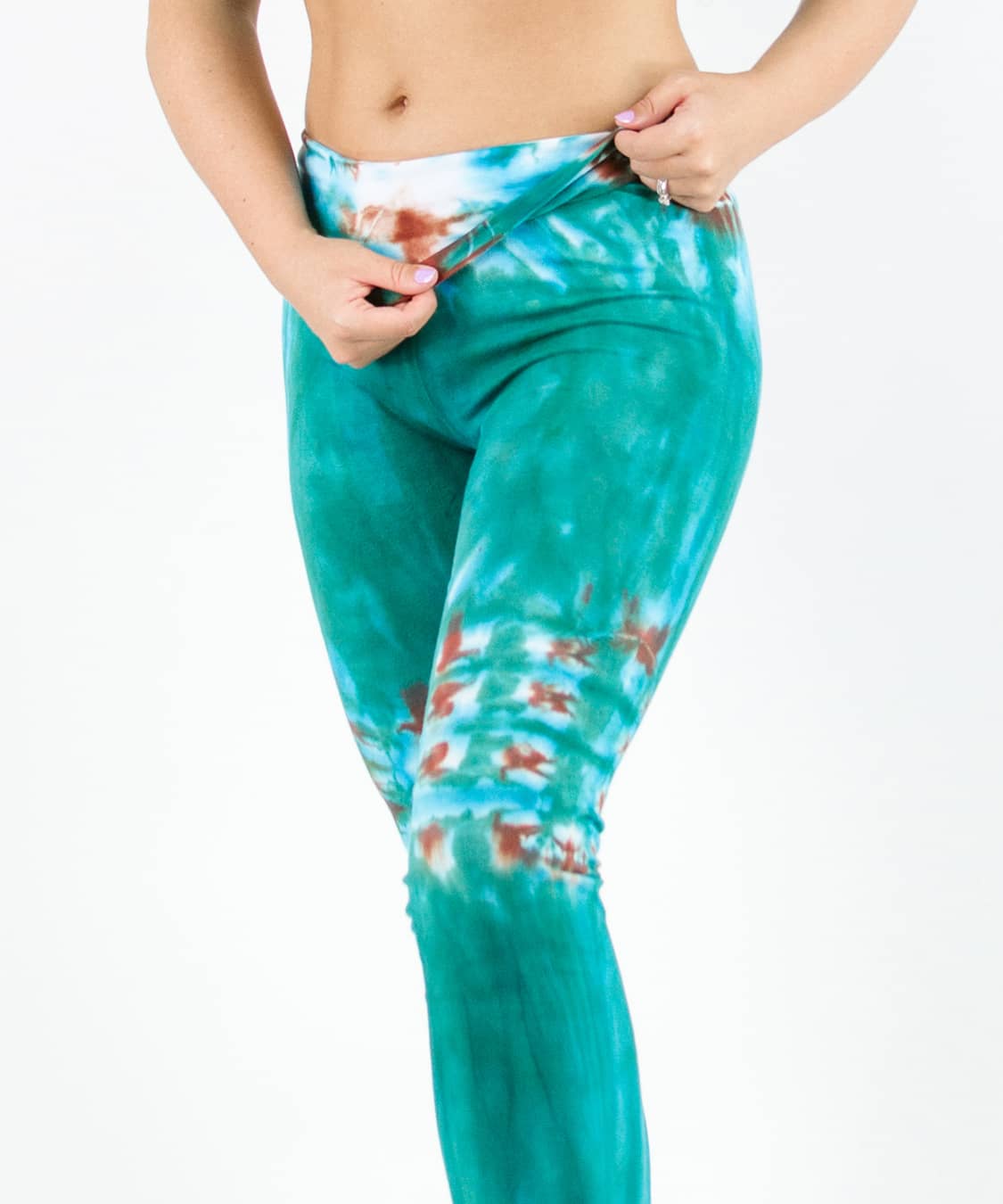 Teal tie dye fold over yoga leggings by Akasha Sun.