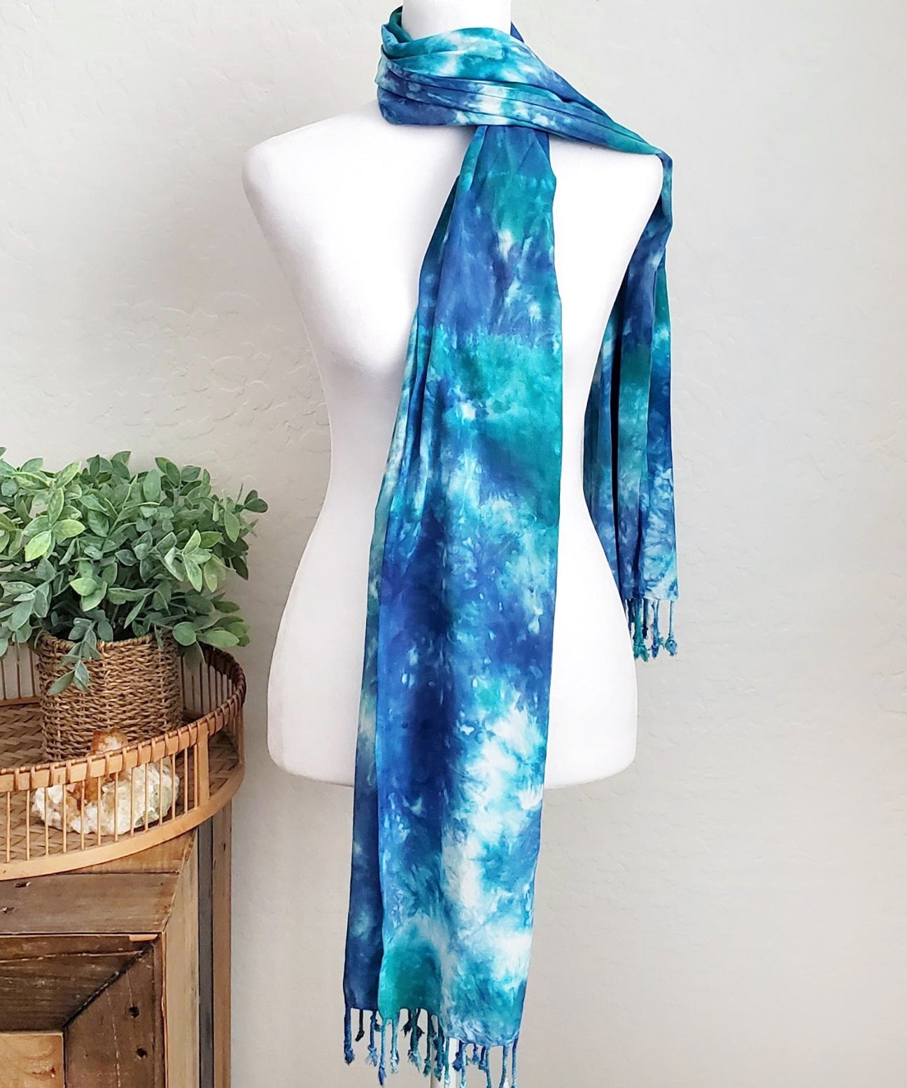 Teal and blue tie dye scarf with fringe.