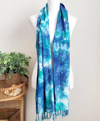 Teal and blue tie dye scarf with fringe.