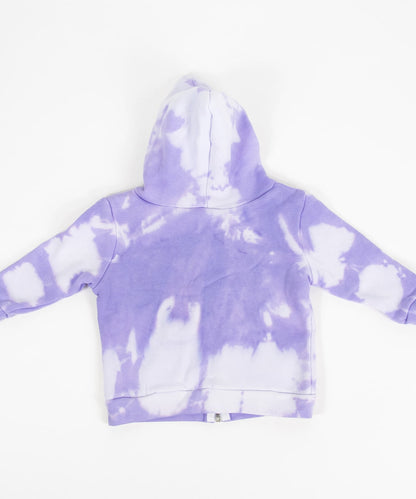 Purple and white tie dye baby set that includes an organic onesie, organic baby hat, and jacket.