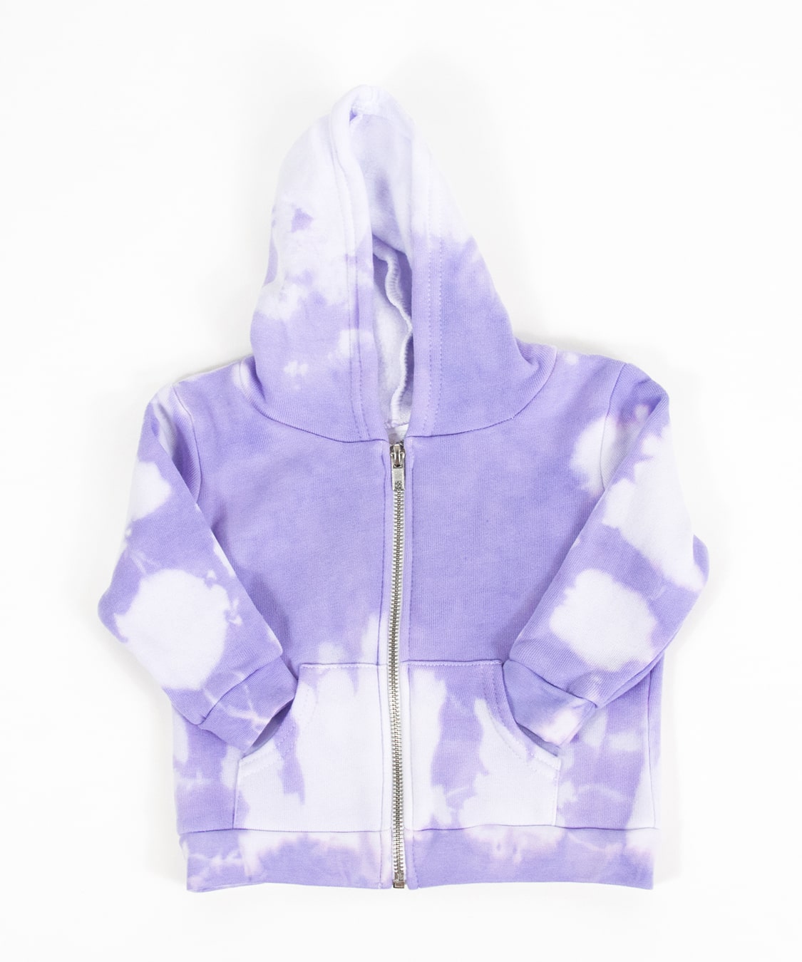 Purple and white tie dye baby set that includes an organic onesie, organic baby hat, and jacket.