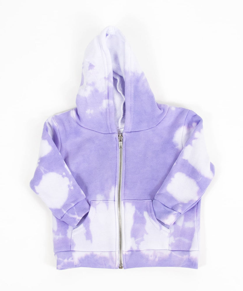 
                
                    Load image into Gallery viewer, Purple and white tie dye baby set that includes an organic onesie, organic baby hat, and jacket.
                
            