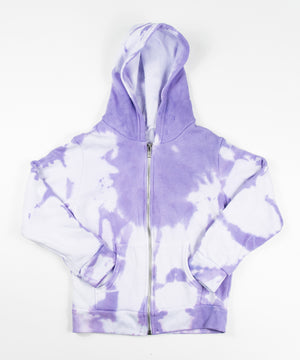 Purple and white tie dye children's jacket with soft fleece interior, hood, and pockets.