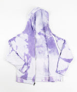 Purple and white tie dye children's jacket with soft fleece interior, hood, and pockets.