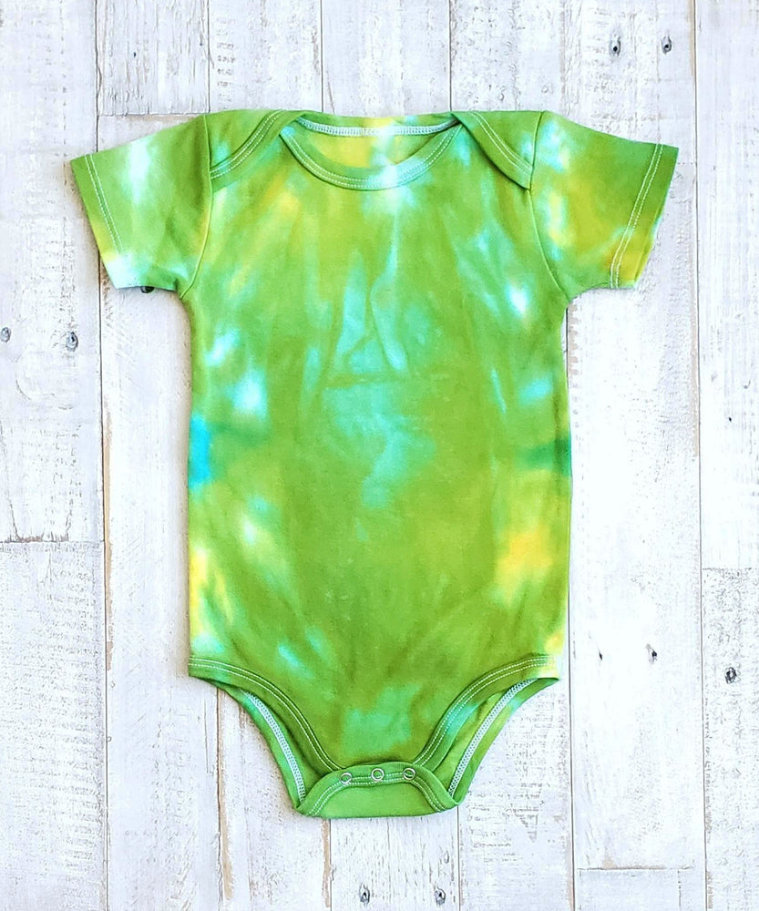 Green and aqua tie dye organic baby bodysuit.
