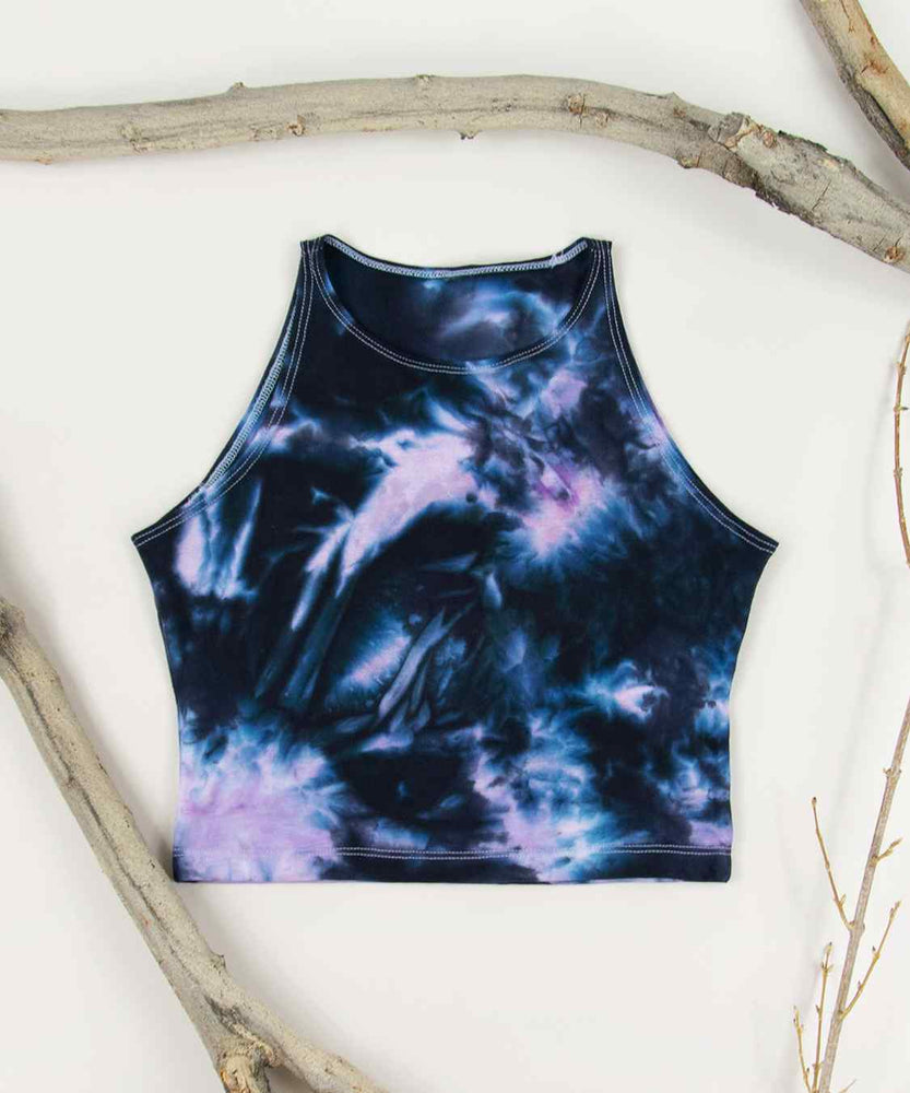 
                
                    Load image into Gallery viewer, Black and purple tie dye crop top by Akasha Sun.
                
            