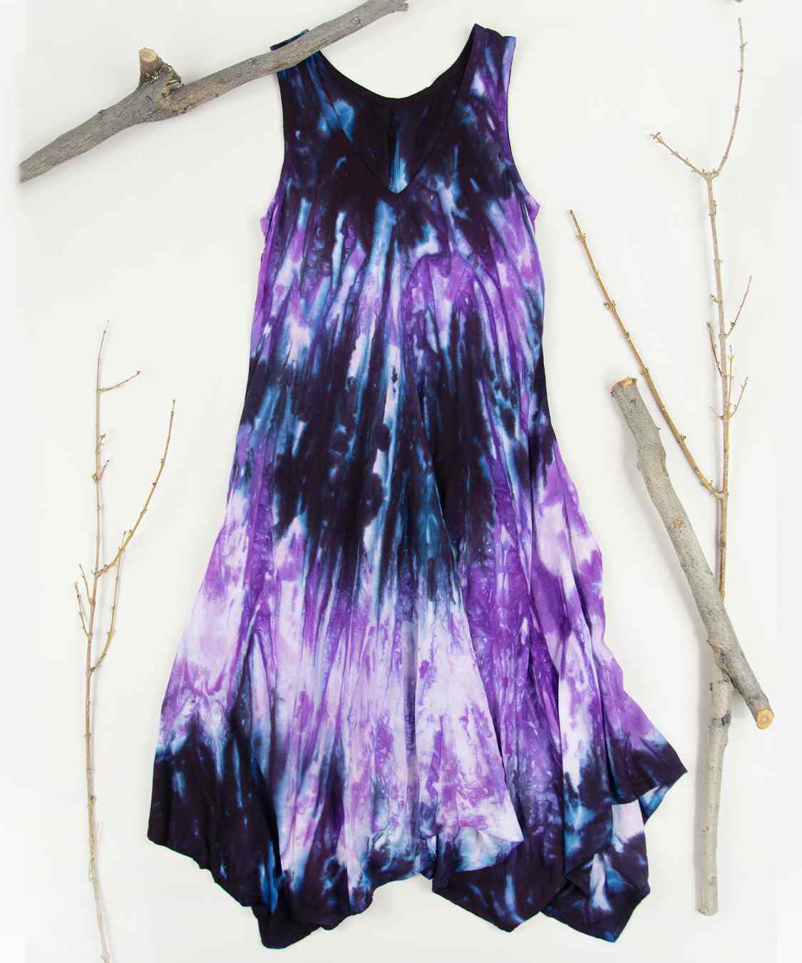 Purple and black tie dye dress by Akasha Sun.