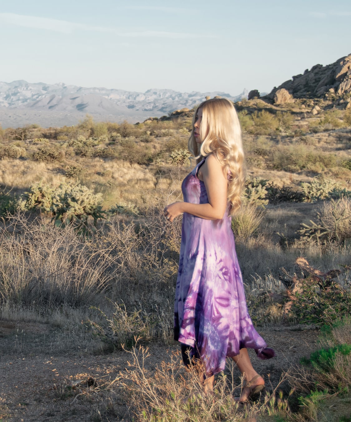 Purple and black tie dye dress by Akasha Sun.