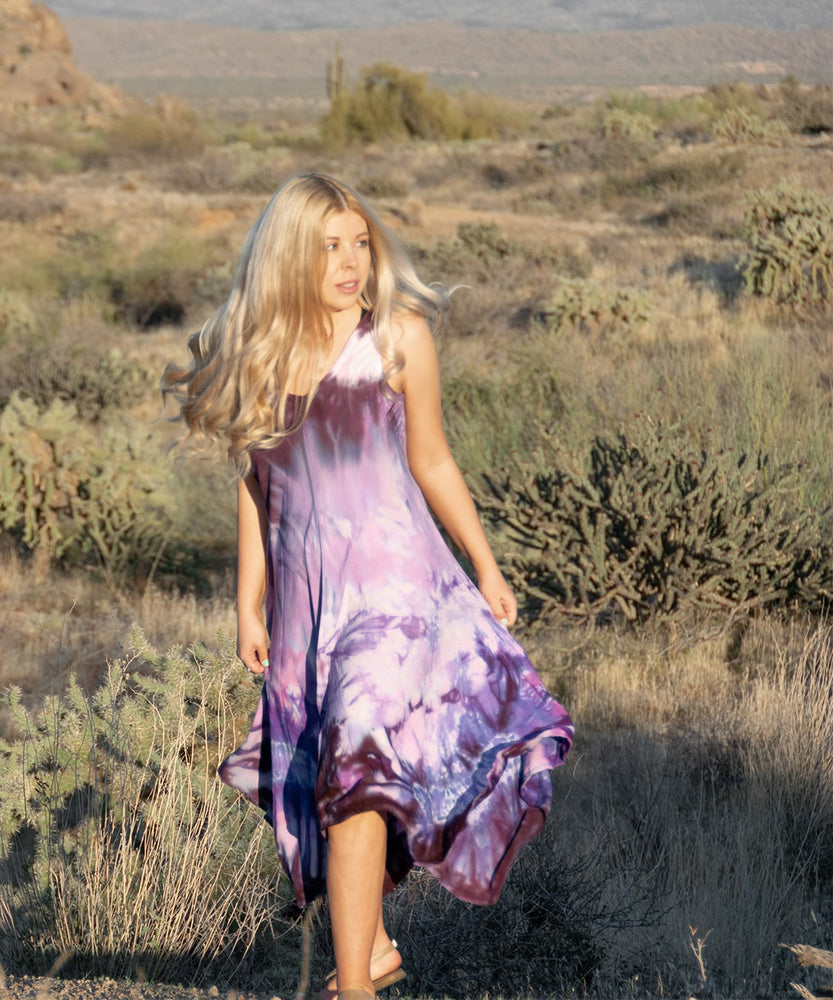 
                
                    Load image into Gallery viewer, Purple tie dye dress by Akasha Sun.
                
            