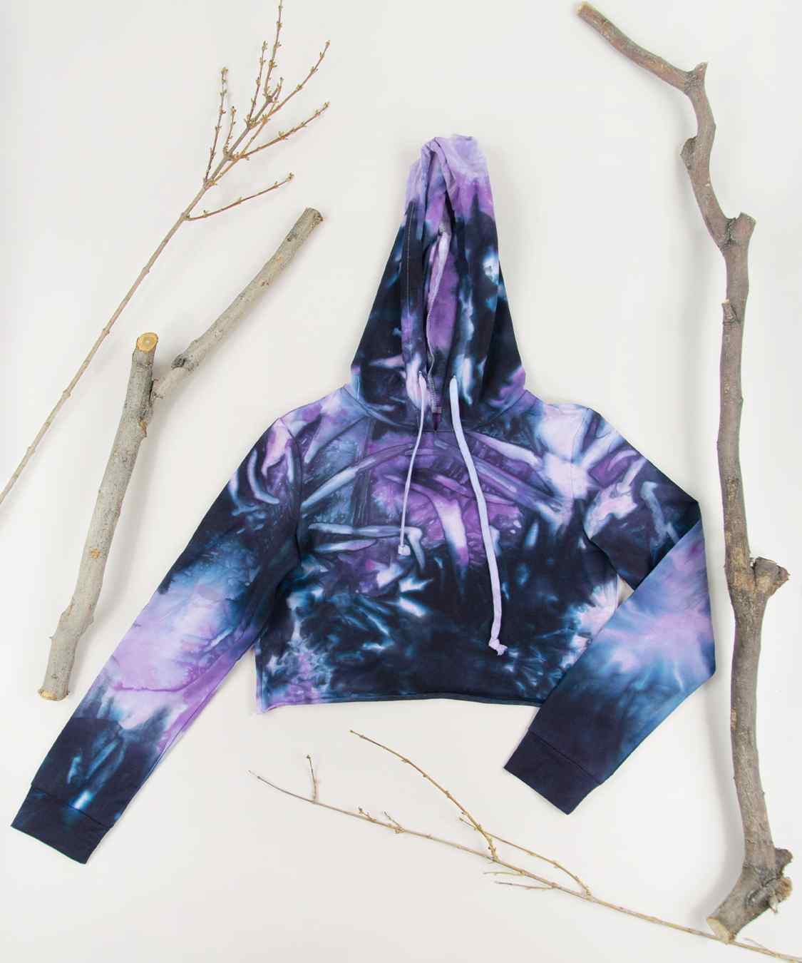 Purple and black tie dye hoodie crop top by Akasha Sun.