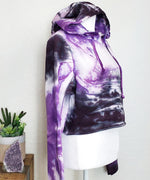 Purple and black tie dye hoodie crop top.