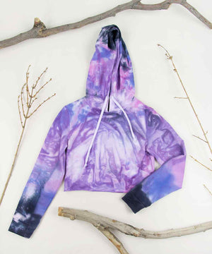 
                
                    Load image into Gallery viewer, Purple tie dye hoodie crop top by Akasha Sun.
                
            