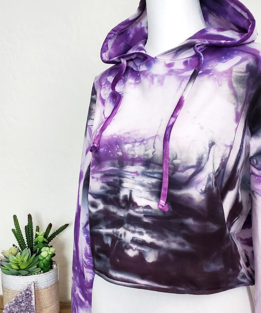 
                
                    Load image into Gallery viewer, Purple and black tie dye hoodie crop top.
                
            