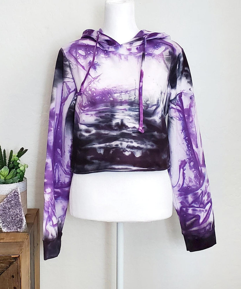 
                
                    Load image into Gallery viewer, Purple and black tie dye hoodie crop top.
                
            