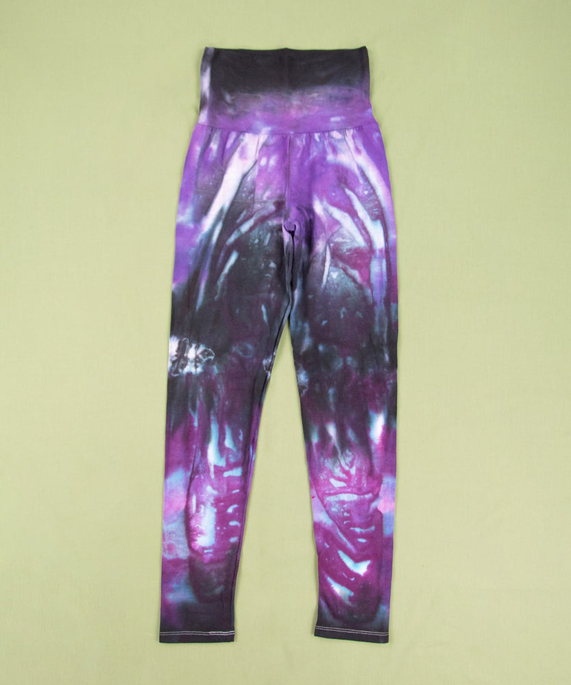 Purple and black tie dye leggings with a wide waistband by Akasha Sun.