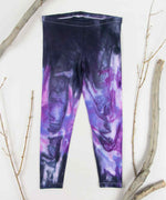 Purple and black tie dye yoga leggings by Akasha Sun.