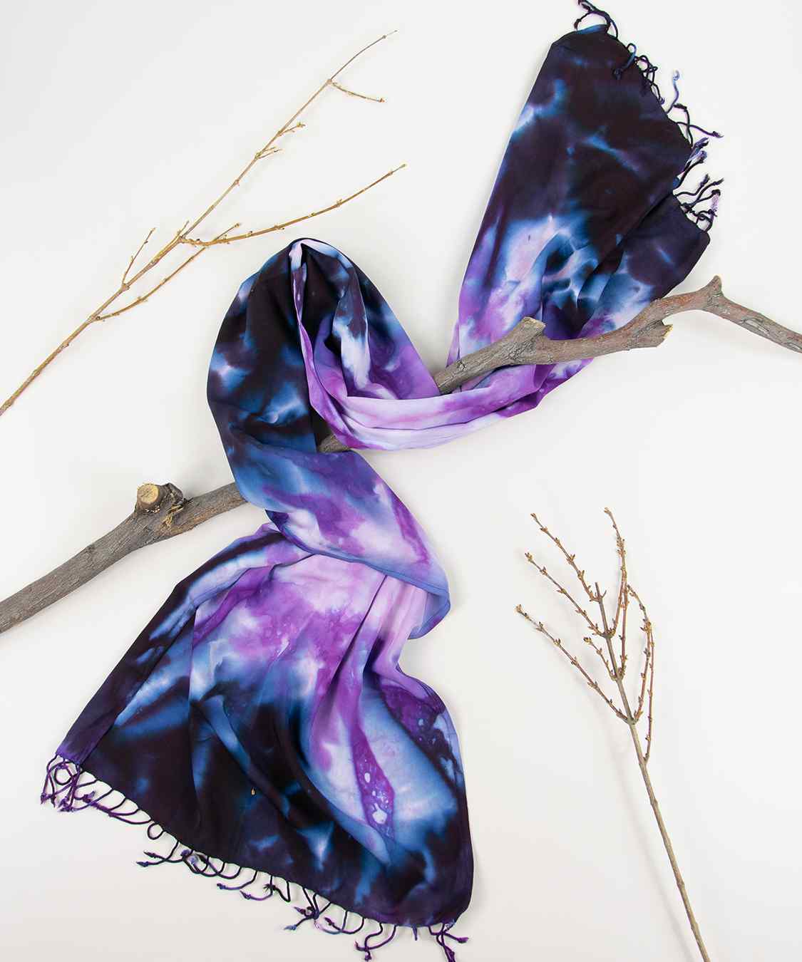 Purple and black tie dye scarf by Akasha Sun.