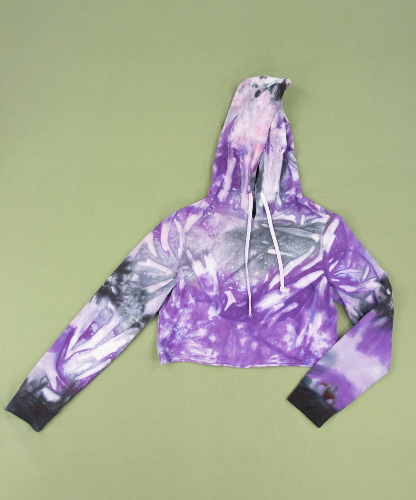 Purple and black tie dye hoodie crop top with draw strings.